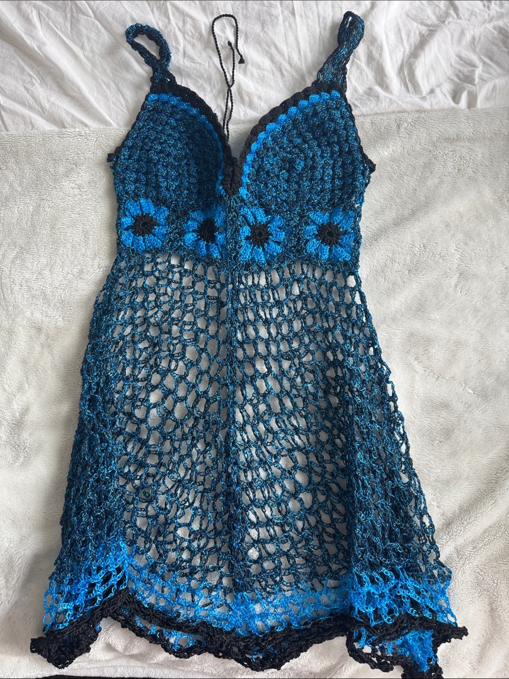 Handmade Blue Crochet Sun Dress with Floral Detail